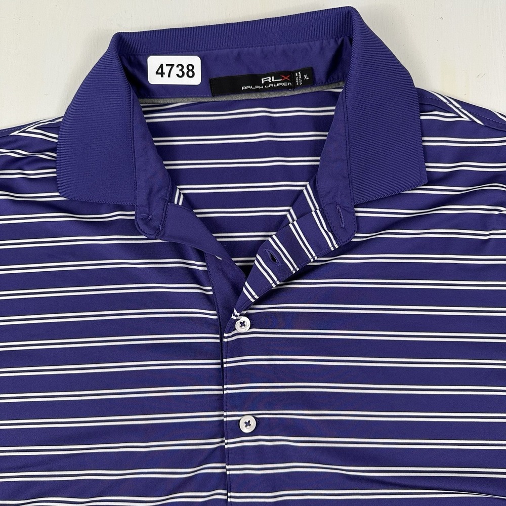 RLX Ralph Lauren Performance Polo Shirt Mens XL Purple Striped Golf Sunset Ridge